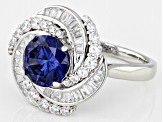 Pre-Owned Blue And White Cubic Zirconia Rhodium Over Sterling Silver Ring 5.02ctw
