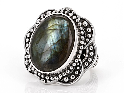 Pre-Owned 19x15mm Labradorite Sterling Silver Beaded Ring