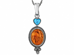 Pre-Owned Orange Sponge Coral With Blue Turquoise Sterling Silver Enhancer Pendant With Chain