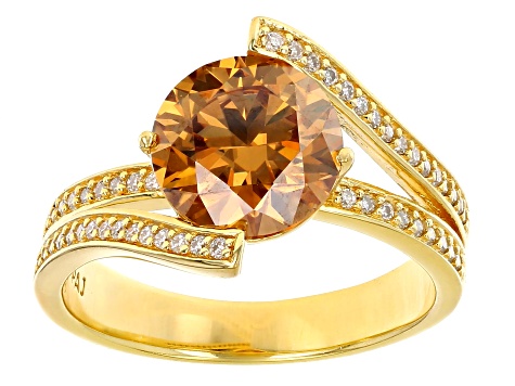 Pre-Owned Champagne And Colorless Moissanite 14k Yellow Gold Over Silver Ring 3.24ctw DEW