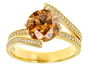Pre-Owned Champagne And Colorless Moissanite 14k Yellow Gold Over Silver Ring 3.24ctw DEW