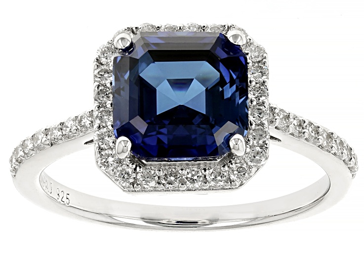 Pre-Owned Lab Created Sapphire And Lab-Grown Diamond Rhodium Over Sterling Silver Halo Ring 2.72ctw