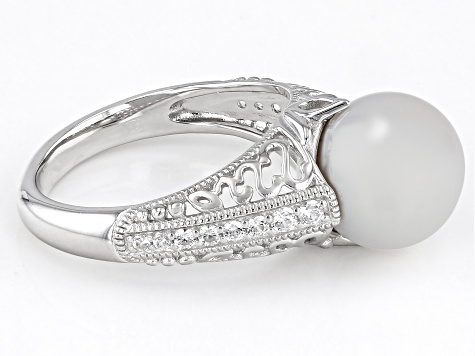 Pre-Owned White Cultured Freshwater Pearl and White Zircon Rhodium Over Sterling Silver Ring