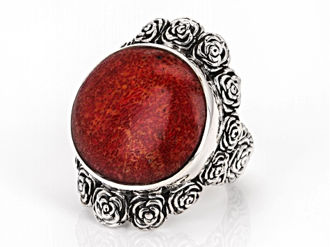 Pre-Owned 20mm Coral Sterling Silver Floral Ring