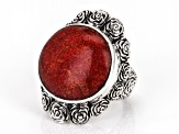 Pre-Owned 20mm Coral Sterling Silver Floral Ring