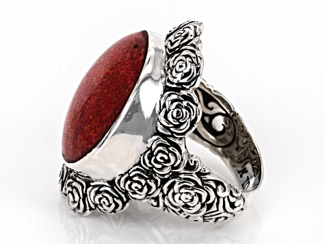 Pre-Owned 20mm Coral Sterling Silver Floral Ring