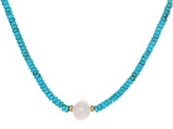 Picture of Pre-Owned Blue Sleeping Beauty Turquoise With Cultured Freshwater Pearl 14k Yellow Gold Necklace