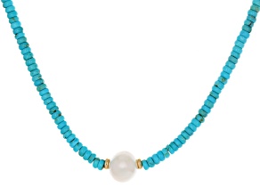Pre-Owned Blue Sleeping Beauty Turquoise With Cultured Freshwater Pearl 14k Yellow Gold Necklace