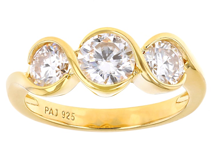 Pre-Owned Moissanite 14k Yellow Gold Over Silver 3 Stone Ring 1.80ctw DEW.