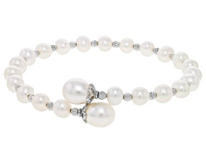 Pre-Owned White Cultured Freshwater Pearl Rhodium Over Sterling Silver Wrap Bracelet