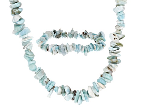 Pre-Owned Blue Larimar Rhodium Over Sterling Silver Chip Necklace and Stackable Bracelet Set