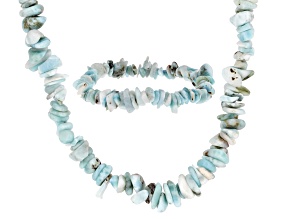 Pre-Owned Blue Larimar Rhodium Over Sterling Silver Chip Necklace and Stackable Bracelet Set