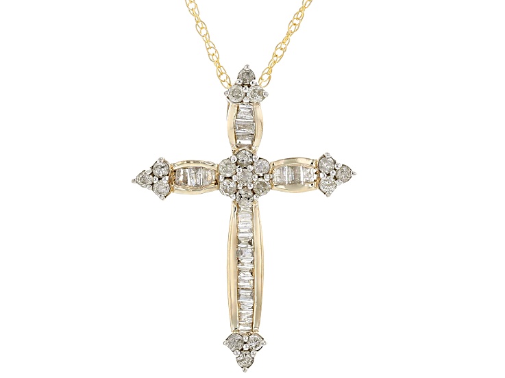 Pre-Owned White Diamond 10k Yellow Gold Cross Slide Pendant With 18" Rope Chain 0.55ctw