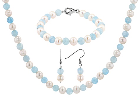 Pre-Owned White Cultured Freshwater Pearl & Aquamarine Rhodium Over Silver Necklace, Bracelet, & Ear