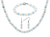 Pre-Owned White Cultured Freshwater Pearl & Aquamarine Rhodium Over Silver Necklace, Bracelet, & Ear