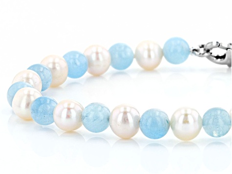 Pre-Owned White Cultured Freshwater Pearl & Aquamarine Rhodium Over Silver Necklace, Bracelet, & Ear