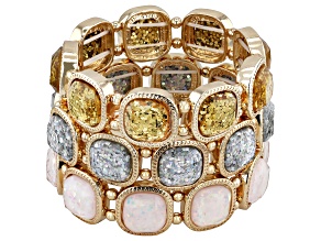 Pre-Owned Glass Crystal With Multi-Color Glitter Gold Tone Set of 3 Stretch Bracelet