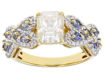 Picture of Pre-Owned Moissanite and blue sapphire 14k yellow gold over silver ring 2.38ctw DEW.