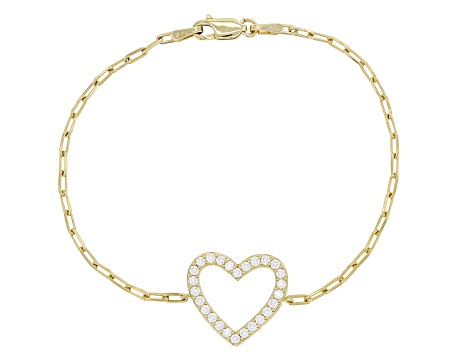Pre-Owned Moissanite 14k Yellow Gold Over Silver Heart And Paperclip Bracelet .78ctw DEW