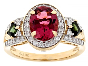 Pre-Owned Pink And Green Tourmaline With White Diamond 14k Yellow Gold Halo Ring 2.34ctw