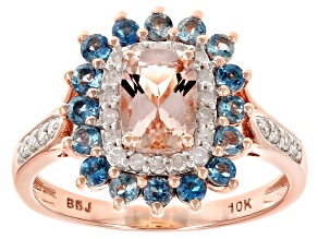 Pre-Owned Morganite With Santa Maria Aquamarine And White Diamond 10k Rose Gold Ring 1.31ctw