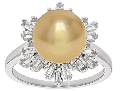Pre-Owned Golden Cultured South Sea Pearl and White Topaz Rhodium Over Sterling Silver Ring