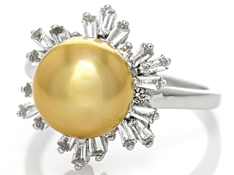 Pre-Owned Golden Cultured South Sea Pearl and White Topaz Rhodium Over Sterling Silver Ring