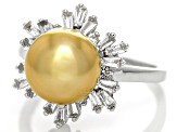 Pre-Owned Golden Cultured South Sea Pearl and White Topaz Rhodium Over Sterling Silver Ring