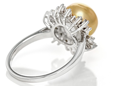 Pre-Owned Golden Cultured South Sea Pearl and White Topaz Rhodium Over Sterling Silver Ring