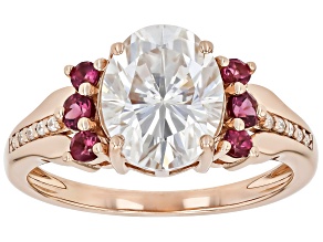 Pre-Owned Moissanite And Rhodolite 14k Rose Gold Over Silver Ring 3.10ctw DEW.