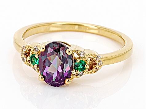 Pre-Owned Lab Alexandrite With Lab Emerald & White Zircon 18k Yellow Gold Over Sterling Silver Ring