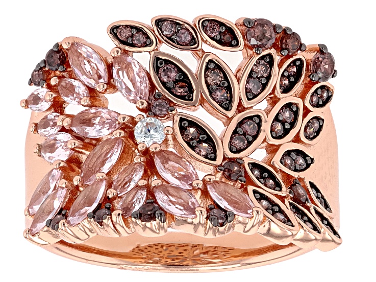 Pre-Owned Morganite Simulant, Mocha, And White Cubic Zirconia 18k Rose Gold Over Sterling Silver Rin
