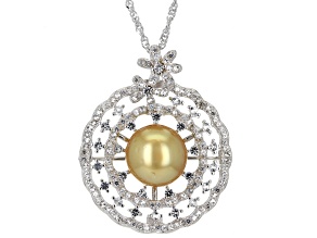Pre-Owned Golden Cultured South Sea Pearl With Topaz Rhodium Over Sterling Silver Pendant With Chain