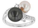 Pre-Owned Cultured Tahitian Pearl with Japanese Cultured Akoya Pearl With Zircon Rhodium Over Silver