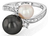 Pre-Owned Cultured Tahitian Pearl with Japanese Cultured Akoya Pearl With Zircon Rhodium Over Silver