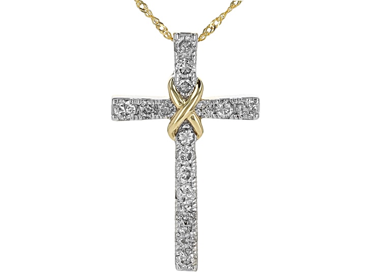 Pre-Owned White Diamond 10k Yellow Gold Cross Slide Pendant With 18" Singapore Chain 0.50ctw