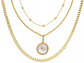 Pre-Owned 18k Yellow Gold Over Sterling Silver Multi-Row Mother Of Pearl & Cubic Zirconia Pendant 16