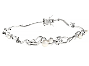 Pre-Owned White Cultured Freshwater Pearl and White Zircon Rhodium Over Sterling Silver Bracelet