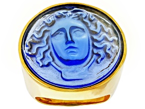 Pre-Owned Tagliamonte 18k Yellow Gold Over Sterling Silver Blue Venetian Glass Medusa Cameo Ring
