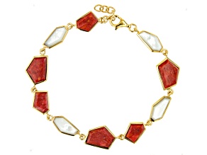 Pre-Owned Red Sponge Coral & White South Sea Mother-of-Pearl 18k Yellow Gold Over Silver 7 Inch Brac