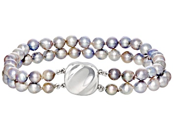 Picture of Pre-Owned Platinum Cultured Japanese Akoya Pearl Rhodium Over Sterling Silver Multi-Row Bracelet