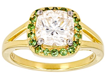 Picture of Pre-Owned Moissanite and Tsavorite Garnet 14k Yellow Gold Over Silver Ring 2.00ct DEW.