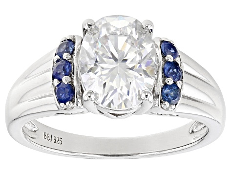 Pre-Owned Moissanite and Blue Sapphire Platineve Ring 2.10ct DEW