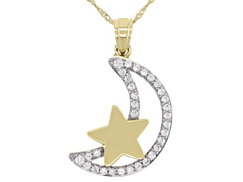 Picture of Pre-Owned White Zircon 10k Yellow Gold Moon Pendant With chain 0.65ctw