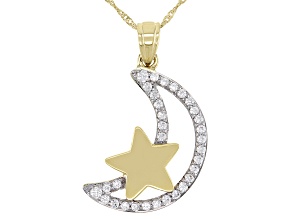 Pre-Owned White Zircon 10k Yellow Gold Moon Pendant With chain 0.65ctw