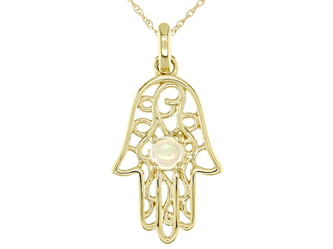 Pre-Owned Multi-color Ethiopian Opal 10k Yellow Gold "Hamsa" Pendant With Chain 0.17ct