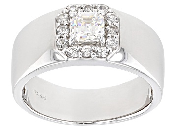 Picture of Pre-Owned Strontium Titanate And White Zircon Rhodium Over Silver Mens Ring 1.29ctw.