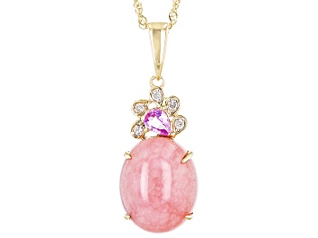 Picture of Pre-Owned Pink Opal With Pink Sapphire And White Diamond 10k Yellow Gold Pendant With Chain