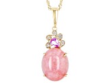 Pre-Owned Pink Opal With Pink Sapphire And White Diamond 10k Yellow Gold Pendant With Chain