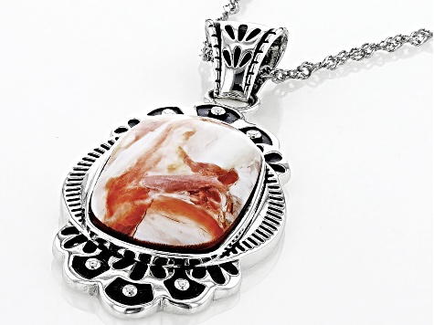 Pre-Owned Orange Spiny Oyster Shell Rhodium Over Sterling Silver Pendant With Chain